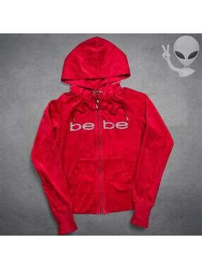 Vintage Bebe Velour Rhinestone Jeweled Hoodie Fullzip Jacket Small Red Y2K
